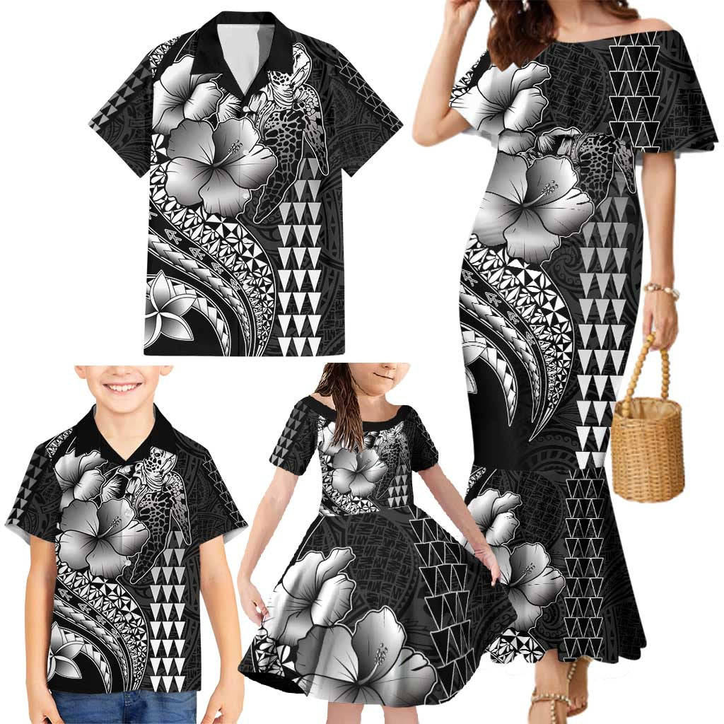 Hawaiian Sea Turtle Family Matching Mermaid Dress and Hawaiian Shirt Black Hibiscus Flowers and Kakau Pattern LT9 - Polynesian Pride