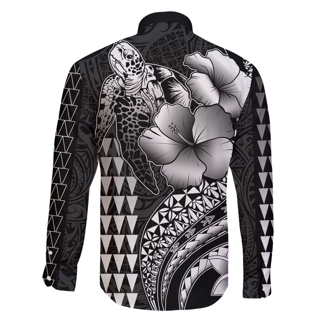 Hawaiian Sea Turtle Family Matching Mermaid Dress and Hawaiian Shirt Black Hibiscus Flowers and Kakau Pattern LT9 - Polynesian Pride