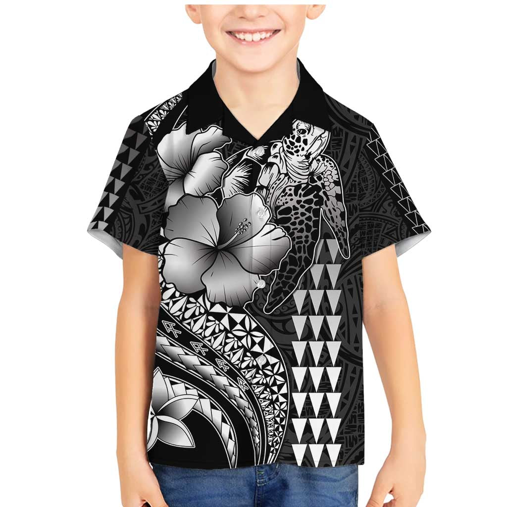 Hawaiian Sea Turtle Family Matching Mermaid Dress and Hawaiian Shirt Black Hibiscus Flowers and Kakau Pattern LT9 Son's Shirt Black - Polynesian Pride