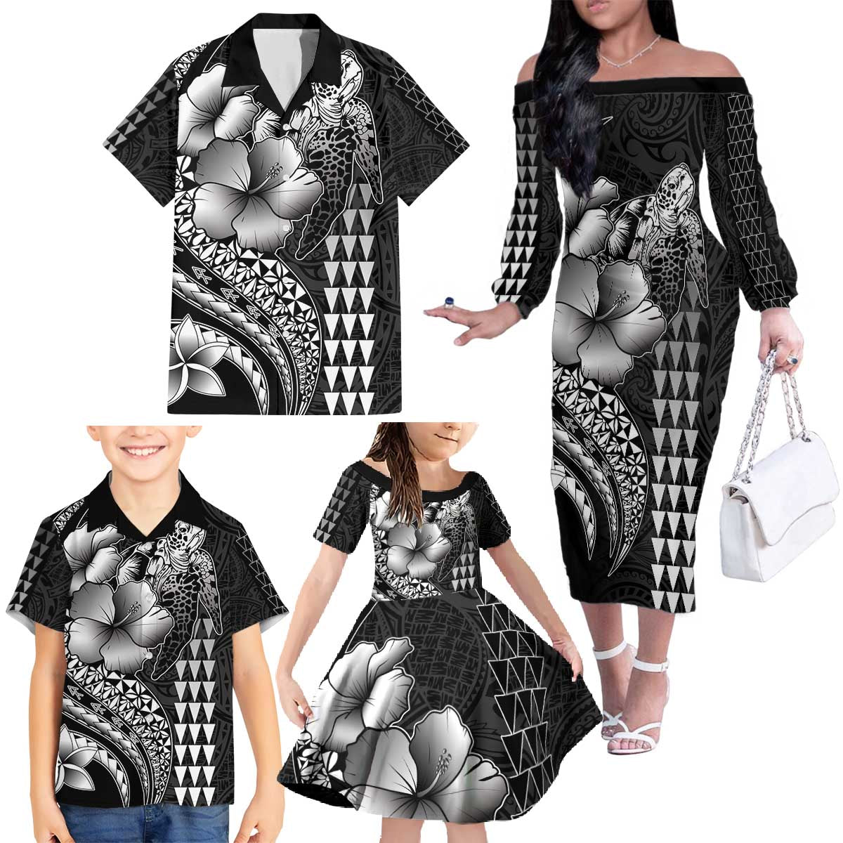 Hawaiian Sea Turtle Family Matching Off The Shoulder Long Sleeve Dress and Hawaiian Shirt Black Hibiscus Flowers and Kakau Pattern LT9 - Polynesian Pride