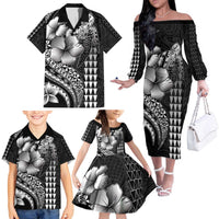 Hawaiian Sea Turtle Family Matching Off The Shoulder Long Sleeve Dress and Hawaiian Shirt Black Hibiscus Flowers and Kakau Pattern LT9 - Polynesian Pride
