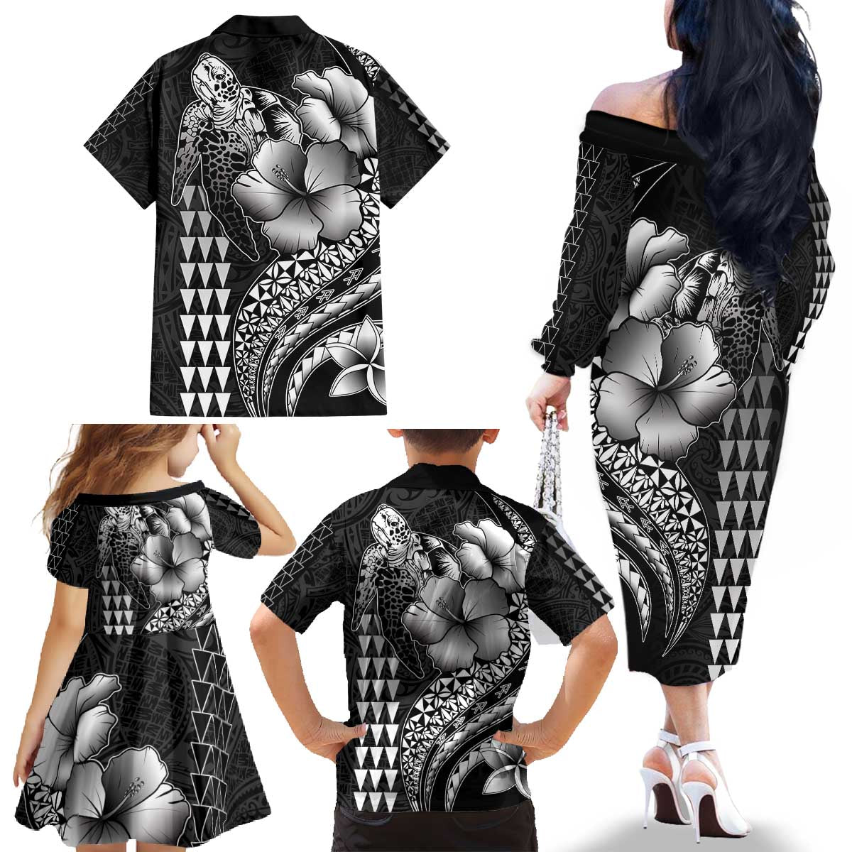 Hawaiian Sea Turtle Family Matching Off The Shoulder Long Sleeve Dress and Hawaiian Shirt Black Hibiscus Flowers and Kakau Pattern LT9 - Polynesian Pride