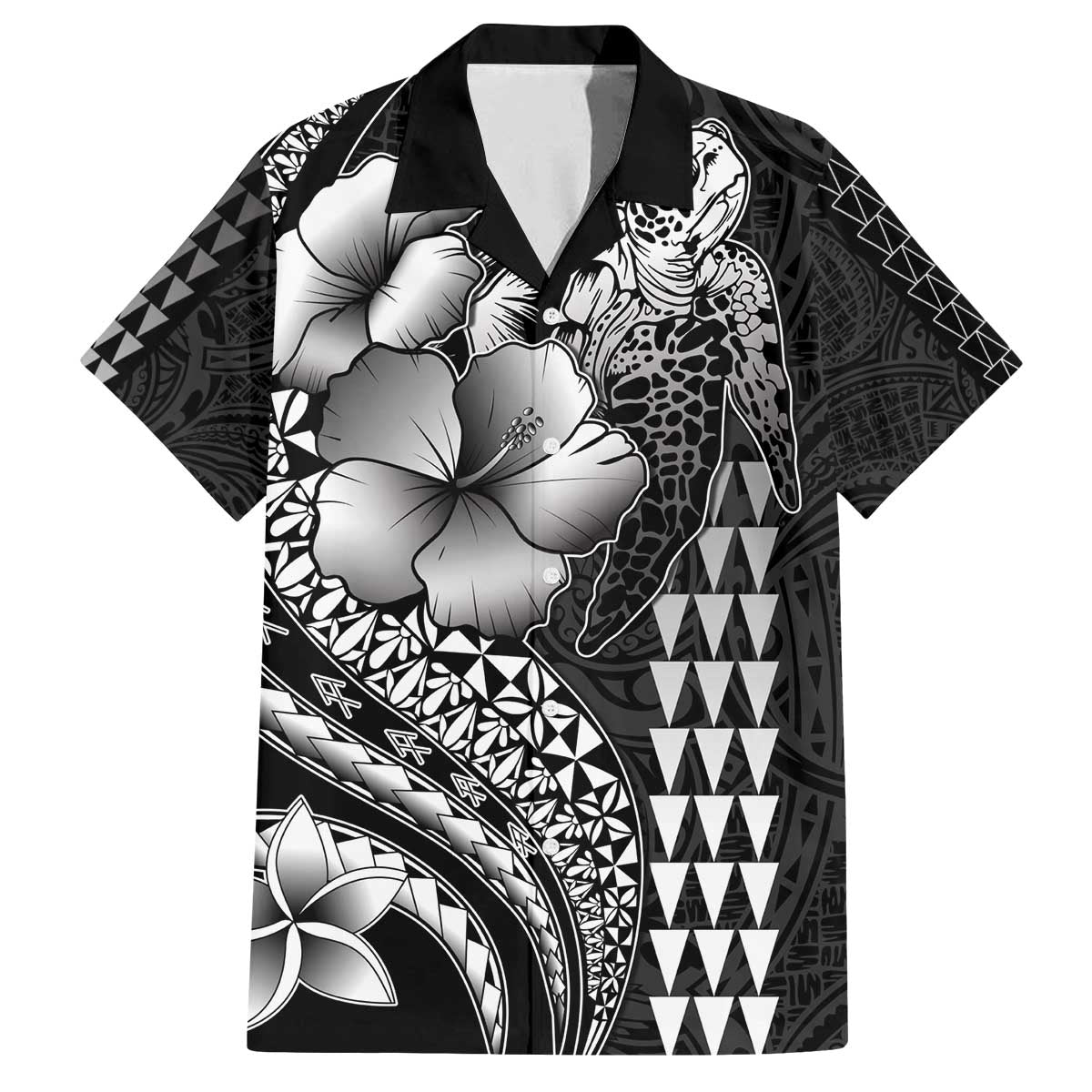 Hawaiian Sea Turtle Family Matching Off The Shoulder Long Sleeve Dress and Hawaiian Shirt Black Hibiscus Flowers and Kakau Pattern LT9 Dad's Shirt - Short Sleeve Black - Polynesian Pride