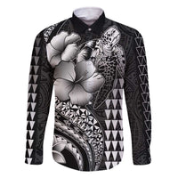 Hawaiian Sea Turtle Family Matching Off The Shoulder Long Sleeve Dress and Hawaiian Shirt Black Hibiscus Flowers and Kakau Pattern LT9 Dad's Shirt - Long Sleeve Black - Polynesian Pride