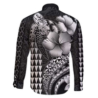 Hawaiian Sea Turtle Family Matching Off The Shoulder Long Sleeve Dress and Hawaiian Shirt Black Hibiscus Flowers and Kakau Pattern LT9 - Polynesian Pride