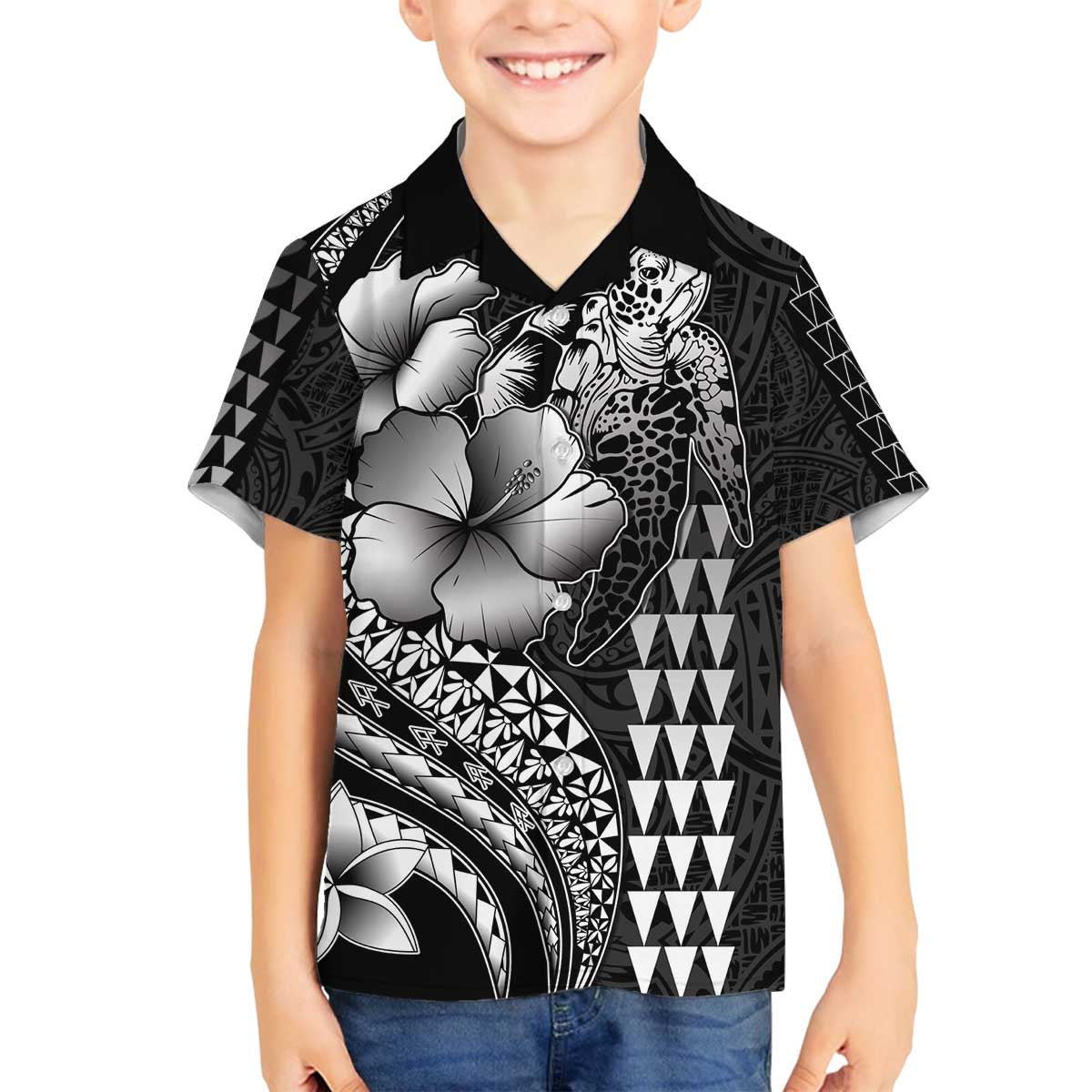 Hawaiian Sea Turtle Family Matching Off The Shoulder Long Sleeve Dress and Hawaiian Shirt Black Hibiscus Flowers and Kakau Pattern LT9 Son's Shirt Black - Polynesian Pride