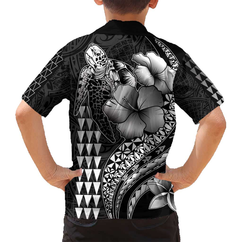 Hawaiian Sea Turtle Family Matching Off Shoulder Maxi Dress and Hawaiian Shirt Black Hibiscus Flowers and Kakau Pattern LT9 - Polynesian Pride