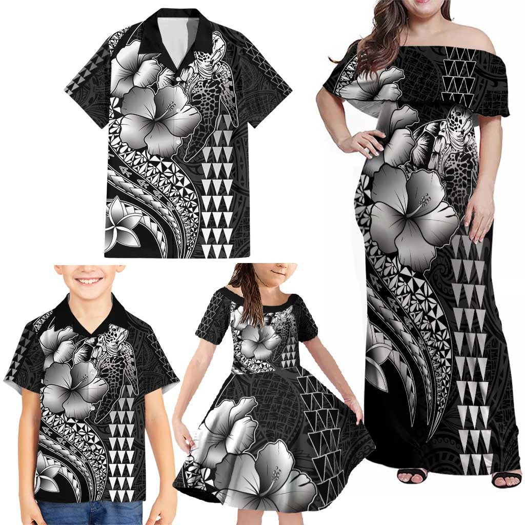Hawaiian Sea Turtle Family Matching Off Shoulder Maxi Dress and Hawaiian Shirt Black Hibiscus Flowers and Kakau Pattern LT9 - Polynesian Pride