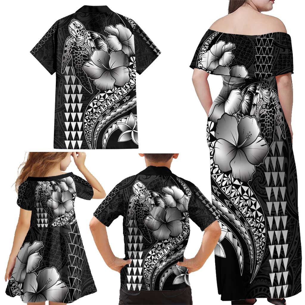 Hawaiian Sea Turtle Family Matching Off Shoulder Maxi Dress and Hawaiian Shirt Black Hibiscus Flowers and Kakau Pattern LT9 - Polynesian Pride