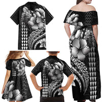 Hawaiian Sea Turtle Family Matching Off Shoulder Maxi Dress and Hawaiian Shirt Black Hibiscus Flowers and Kakau Pattern LT9 - Polynesian Pride