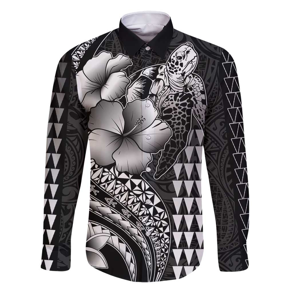 Hawaiian Sea Turtle Family Matching Off Shoulder Maxi Dress and Hawaiian Shirt Black Hibiscus Flowers and Kakau Pattern LT9 Dad's Shirt - Long Sleeve Black - Polynesian Pride