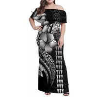 Hawaiian Sea Turtle Family Matching Off Shoulder Maxi Dress and Hawaiian Shirt Black Hibiscus Flowers and Kakau Pattern LT9 Mom's Dress Black - Polynesian Pride