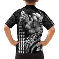 Hawaiian Sea Turtle Family Matching Puletasi and Hawaiian Shirt Black Hibiscus Flowers and Kakau Pattern LT9 - Polynesian Pride