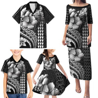 Hawaiian Sea Turtle Family Matching Puletasi and Hawaiian Shirt Black Hibiscus Flowers and Kakau Pattern LT9 - Polynesian Pride
