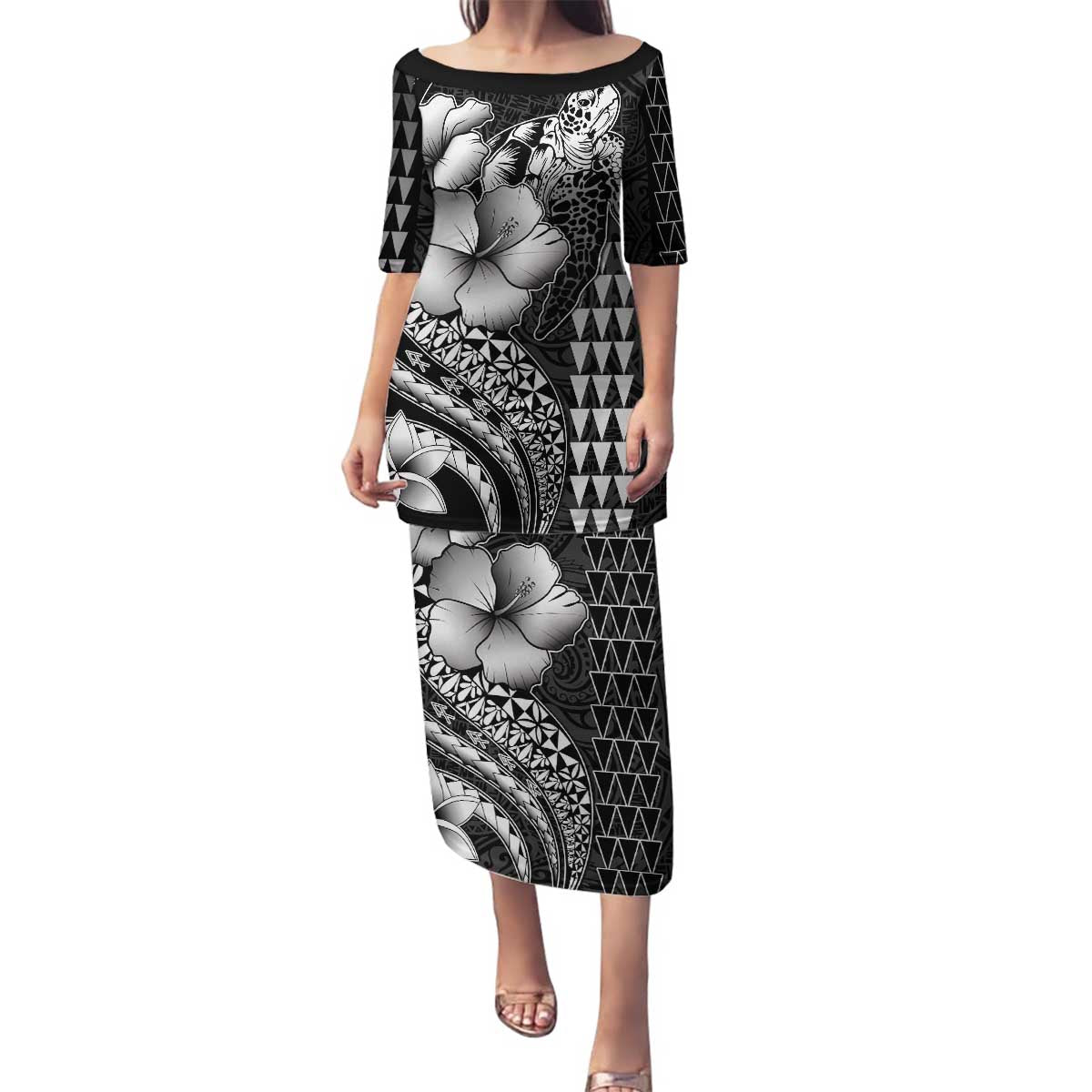 Hawaiian Sea Turtle Family Matching Puletasi and Hawaiian Shirt Black Hibiscus Flowers and Kakau Pattern LT9 Mom's Dress Black - Polynesian Pride