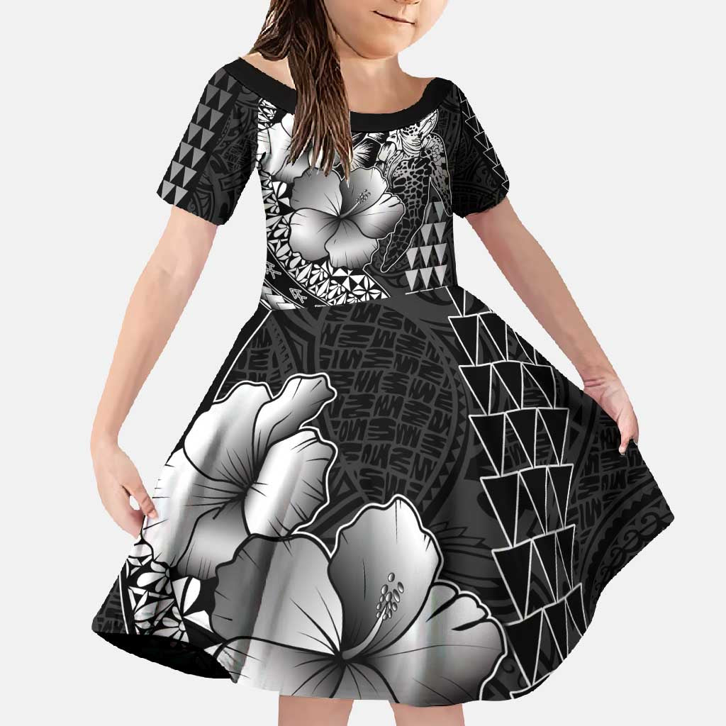 Hawaiian Sea Turtle Family Matching Short Sleeve Bodycon Dress and Hawaiian Shirt Black Hibiscus Flowers and Kakau Pattern LT9 Daughter's Dress Black - Polynesian Pride