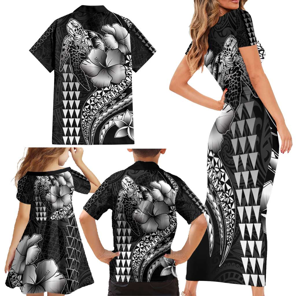 Hawaiian Sea Turtle Family Matching Short Sleeve Bodycon Dress and Hawaiian Shirt Black Hibiscus Flowers and Kakau Pattern LT9 - Polynesian Pride