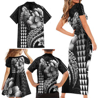 Hawaiian Sea Turtle Family Matching Short Sleeve Bodycon Dress and Hawaiian Shirt Black Hibiscus Flowers and Kakau Pattern LT9 - Polynesian Pride