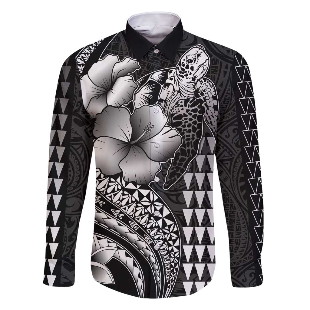 Hawaiian Sea Turtle Family Matching Short Sleeve Bodycon Dress and Hawaiian Shirt Black Hibiscus Flowers and Kakau Pattern LT9 Dad's Shirt - Long Sleeve Black - Polynesian Pride