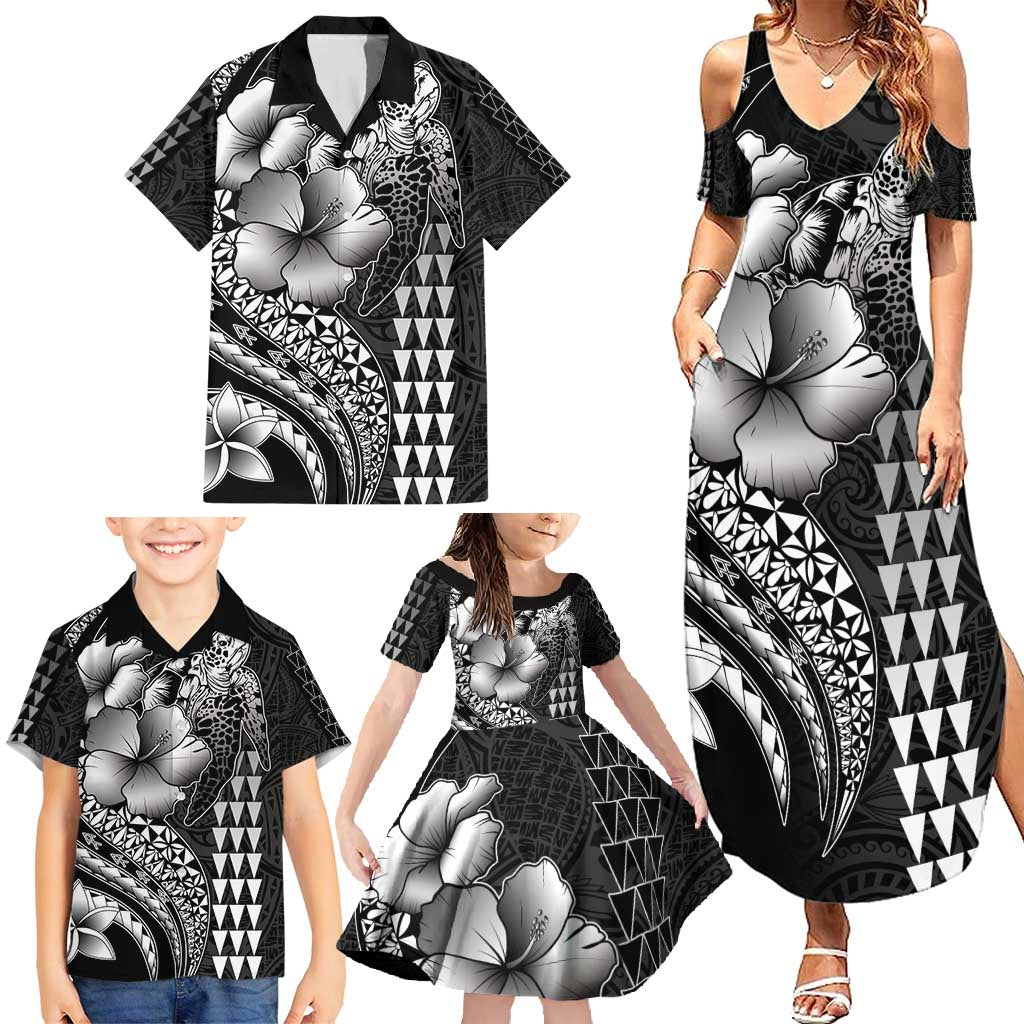 Hawaiian Sea Turtle Family Matching Summer Maxi Dress and Hawaiian Shirt Black Hibiscus Flowers and Kakau Pattern LT9 - Polynesian Pride