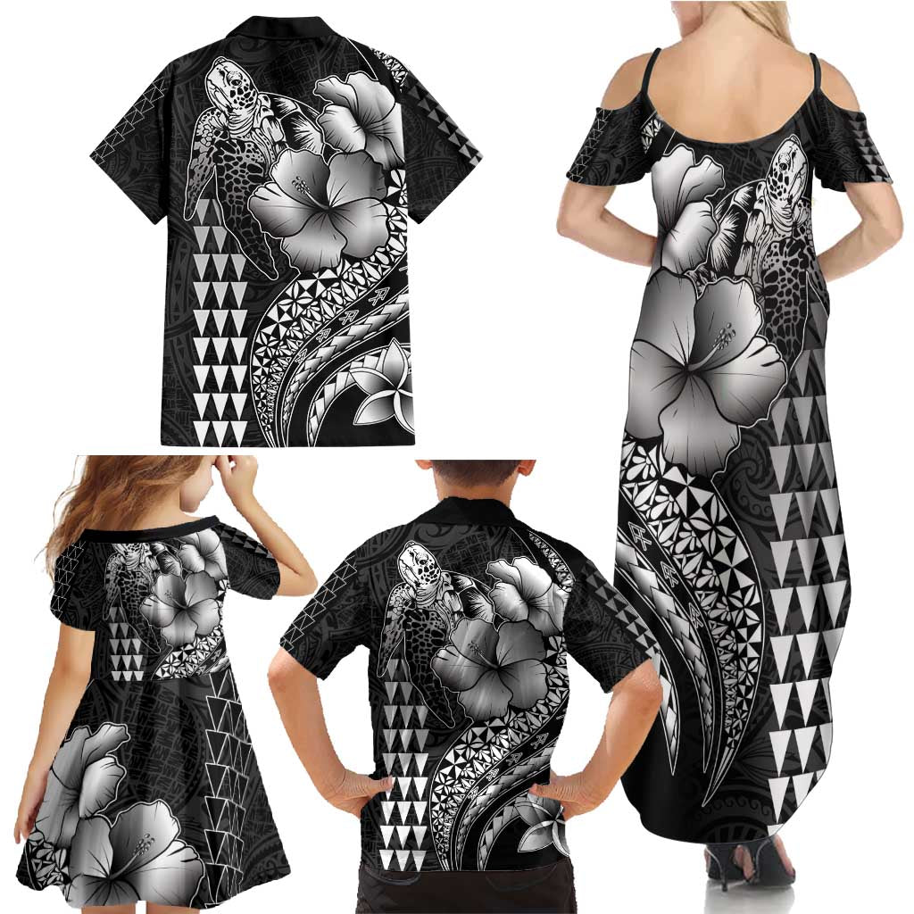 Hawaiian Sea Turtle Family Matching Summer Maxi Dress and Hawaiian Shirt Black Hibiscus Flowers and Kakau Pattern LT9 - Polynesian Pride