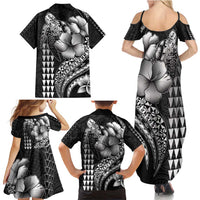 Hawaiian Sea Turtle Family Matching Summer Maxi Dress and Hawaiian Shirt Black Hibiscus Flowers and Kakau Pattern LT9 - Polynesian Pride
