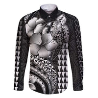 Hawaiian Sea Turtle Family Matching Summer Maxi Dress and Hawaiian Shirt Black Hibiscus Flowers and Kakau Pattern LT9 Dad's Shirt - Long Sleeve Black - Polynesian Pride