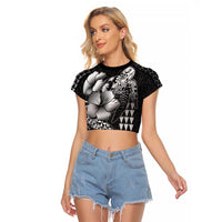 Hawaiian Sea Turtle Raglan Cropped T Shirt Black Hibiscus Flowers and Kakau Pattern