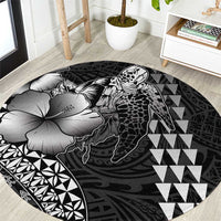 Hawaiian Sea Turtle Round Carpet Black Hibiscus Flowers and Kakau Pattern LT9 Black - Polynesian Pride