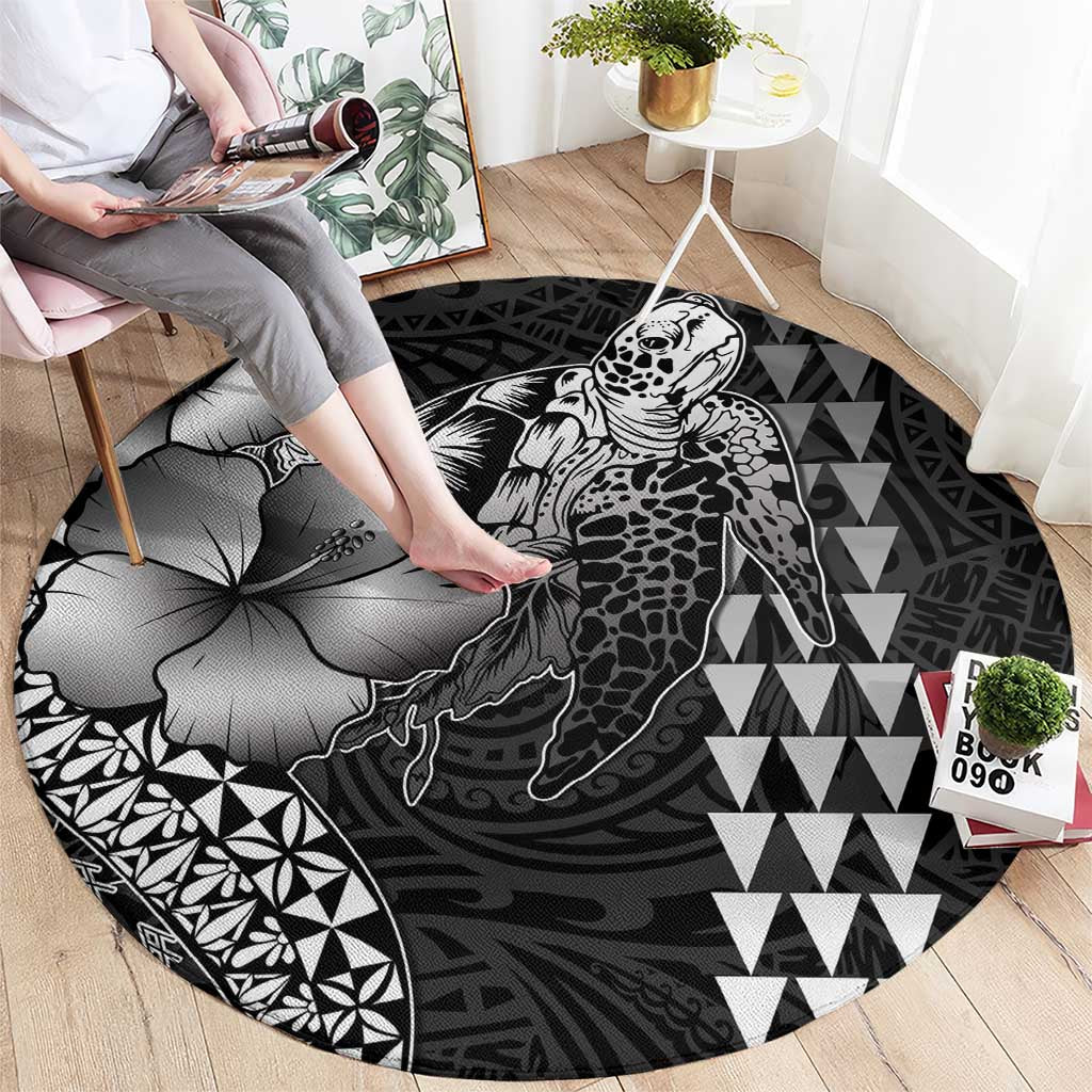 Hawaiian Sea Turtle Round Carpet Black Hibiscus Flowers and Kakau Pattern LT9 - Polynesian Pride