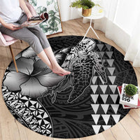 Hawaiian Sea Turtle Round Carpet Black Hibiscus Flowers and Kakau Pattern LT9 - Polynesian Pride