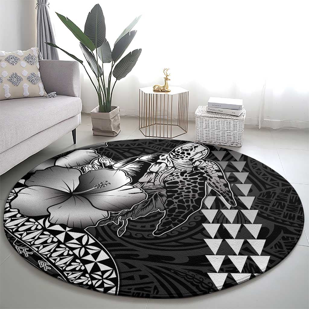 Hawaiian Sea Turtle Round Carpet Black Hibiscus Flowers and Kakau Pattern LT9 - Polynesian Pride