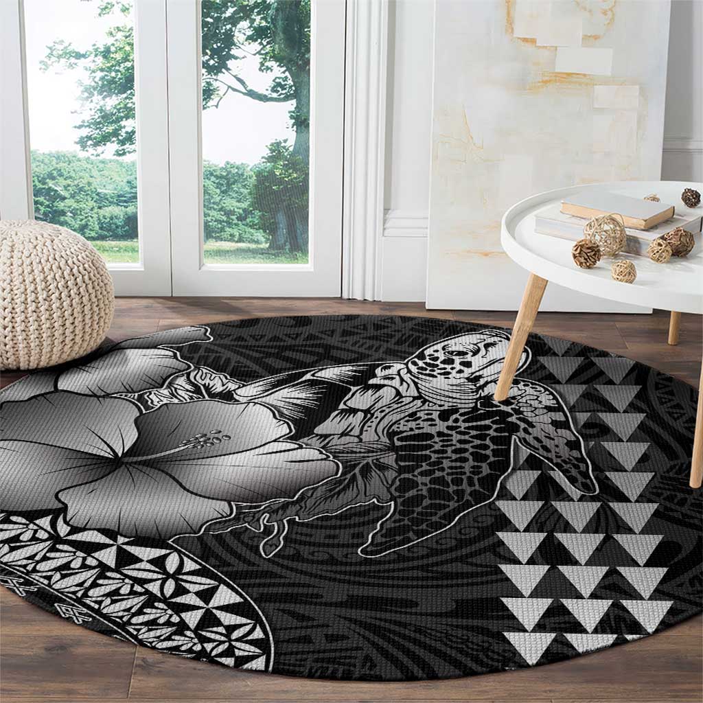 Hawaiian Sea Turtle Round Carpet Black Hibiscus Flowers and Kakau Pattern LT9 - Polynesian Pride