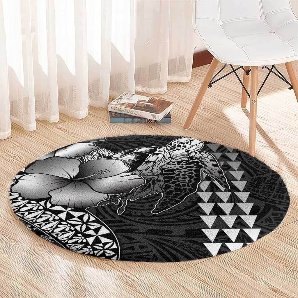 Hawaiian Sea Turtle Round Carpet Black Hibiscus Flowers and Kakau Pattern LT9 - Polynesian Pride