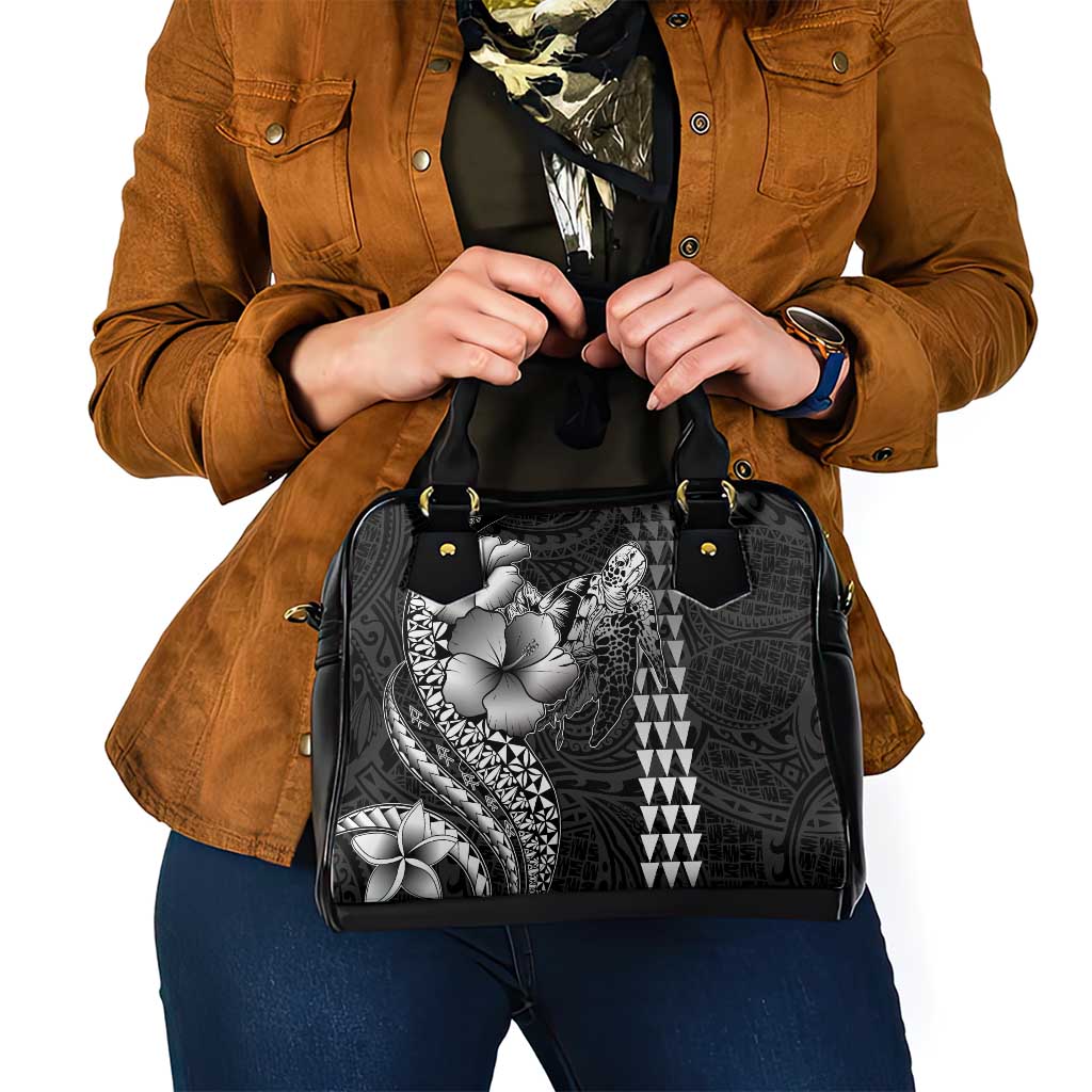 Hawaiian Sea Turtle Shoulder Handbag Black Hibiscus Flowers and Kakau Pattern