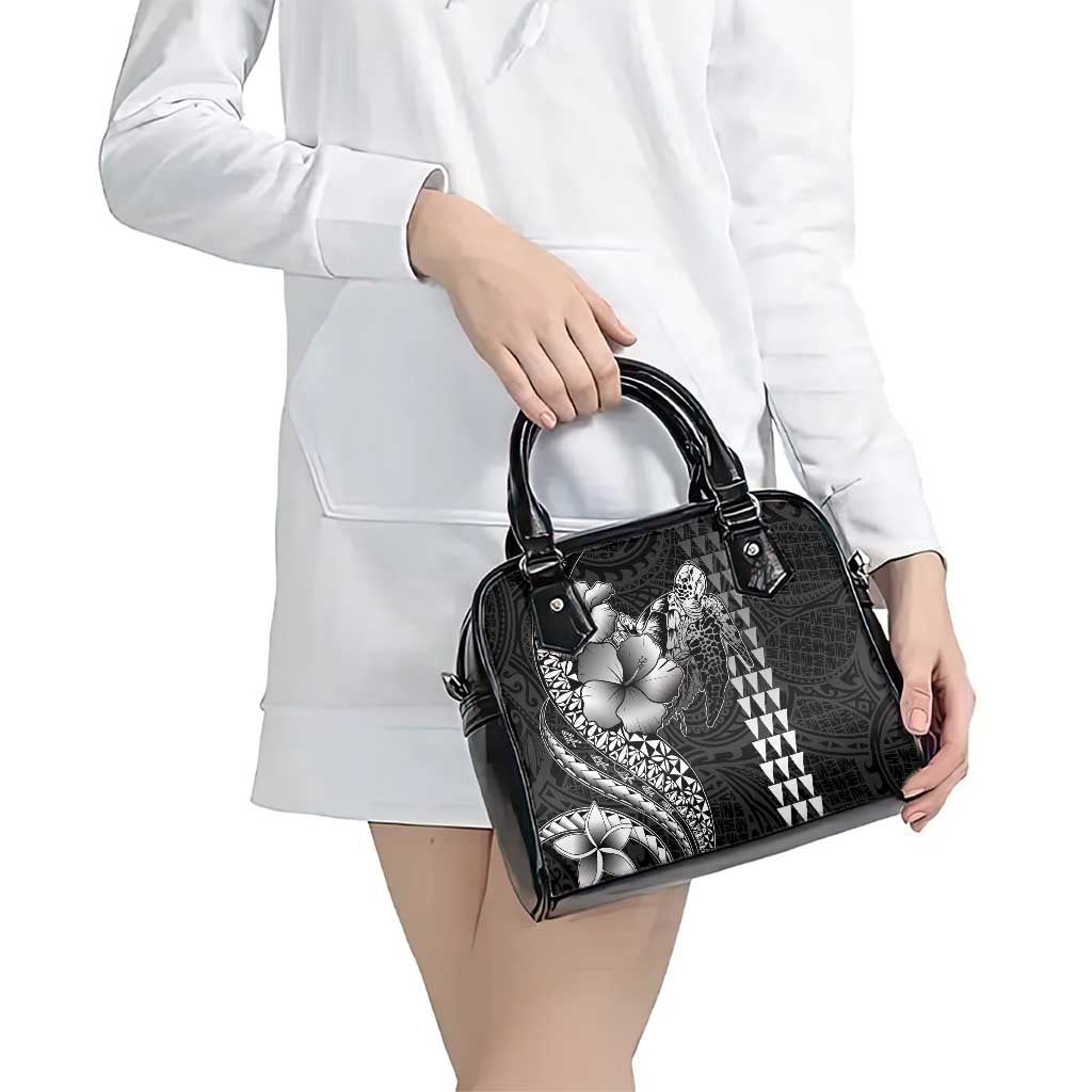Hawaiian Sea Turtle Shoulder Handbag Black Hibiscus Flowers and Kakau Pattern