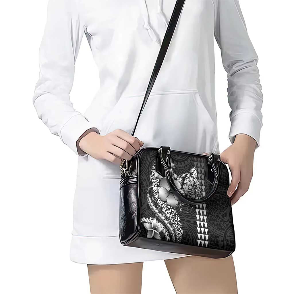 Hawaiian Sea Turtle Shoulder Handbag Black Hibiscus Flowers and Kakau Pattern