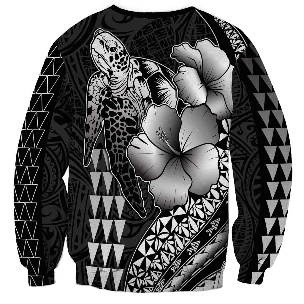 Hawaiian Sea Turtle Sweatshirt Black Hibiscus Flowers and Kakau Pattern LT9 - Polynesian Pride