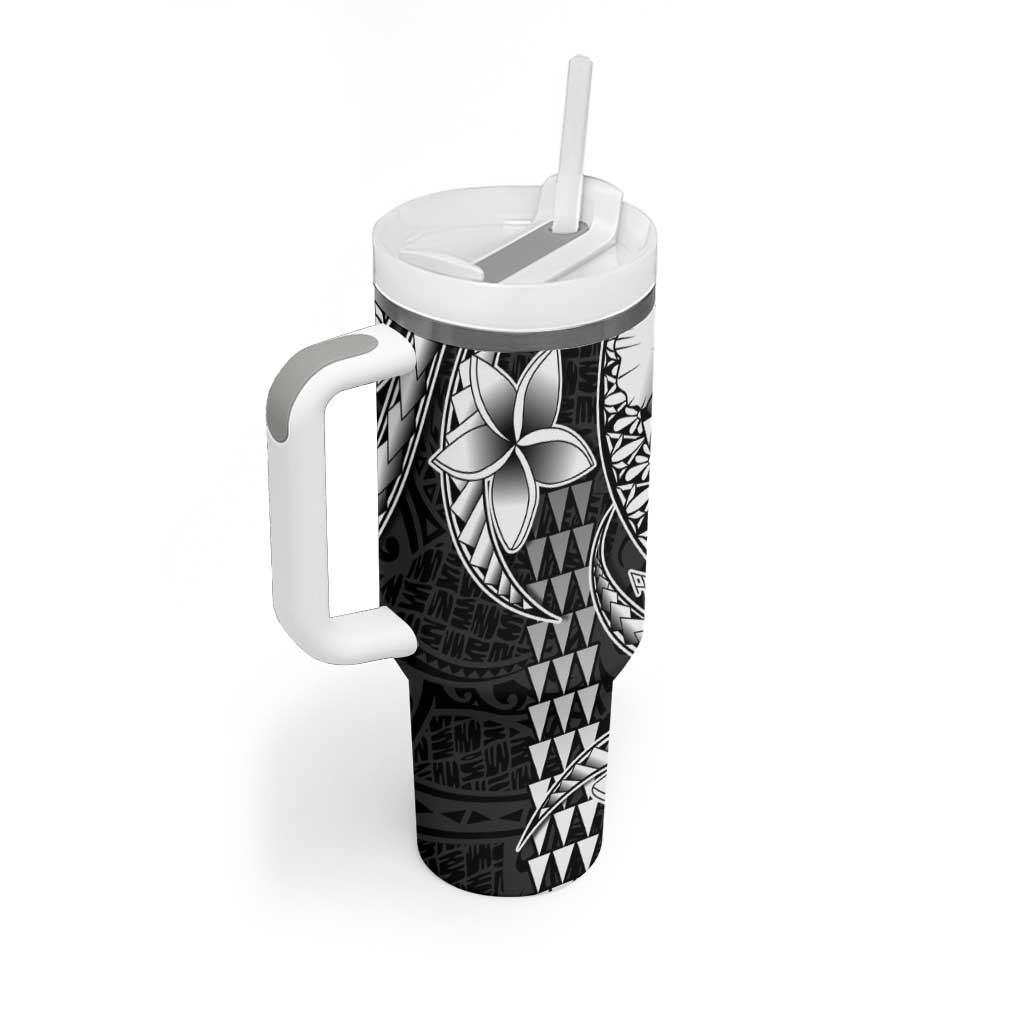 Hawaiian Sea Turtle Tumbler With Handle Black Hibiscus Flowers and Kakau Pattern