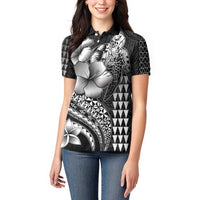 Hawaiian Sea Turtle Women Polo Shirt Black Hibiscus Flowers and Kakau Pattern