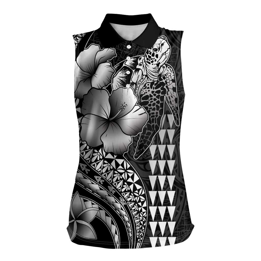Hawaiian Sea Turtle Women Sleeveless Polo Shirt Black Hibiscus Flowers and Kakau Pattern LT9 Female Black - Polynesian Pride