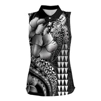 Hawaiian Sea Turtle Women Sleeveless Polo Shirt Black Hibiscus Flowers and Kakau Pattern LT9 Female Black - Polynesian Pride