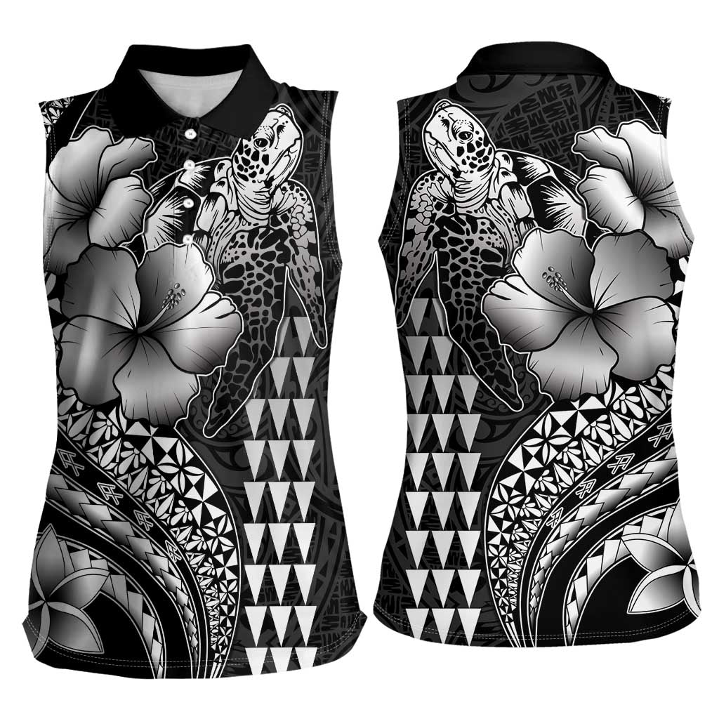 Hawaiian Sea Turtle Women Sleeveless Polo Shirt Black Hibiscus Flowers and Kakau Pattern LT9 - Polynesian Pride