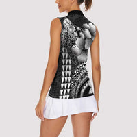 Hawaiian Sea Turtle Women Sleeveless Polo Shirt Black Hibiscus Flowers and Kakau Pattern LT9 - Polynesian Pride