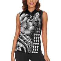 Hawaiian Sea Turtle Women Sleeveless Polo Shirt Black Hibiscus Flowers and Kakau Pattern LT9 - Polynesian Pride