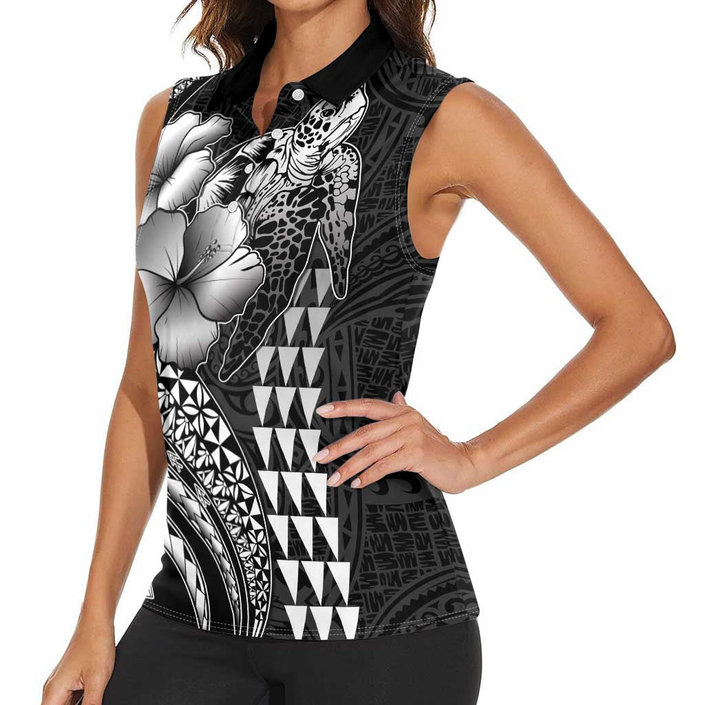 Hawaiian Sea Turtle Women Sleeveless Polo Shirt Black Hibiscus Flowers and Kakau Pattern LT9 - Polynesian Pride