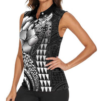 Hawaiian Sea Turtle Women Sleeveless Polo Shirt Black Hibiscus Flowers and Kakau Pattern LT9 - Polynesian Pride