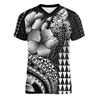Hawaiian Sea Turtle Women V-Neck T-Shirt Black Hibiscus Flowers and Kakau Pattern LT9 Female Black - Polynesian Pride