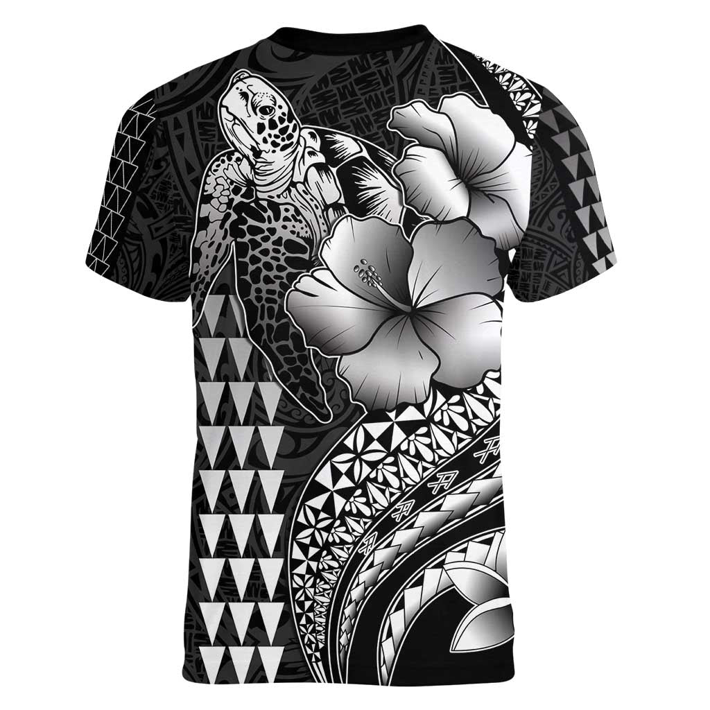 Hawaiian Sea Turtle Women V-Neck T-Shirt Black Hibiscus Flowers and Kakau Pattern LT9 - Polynesian Pride