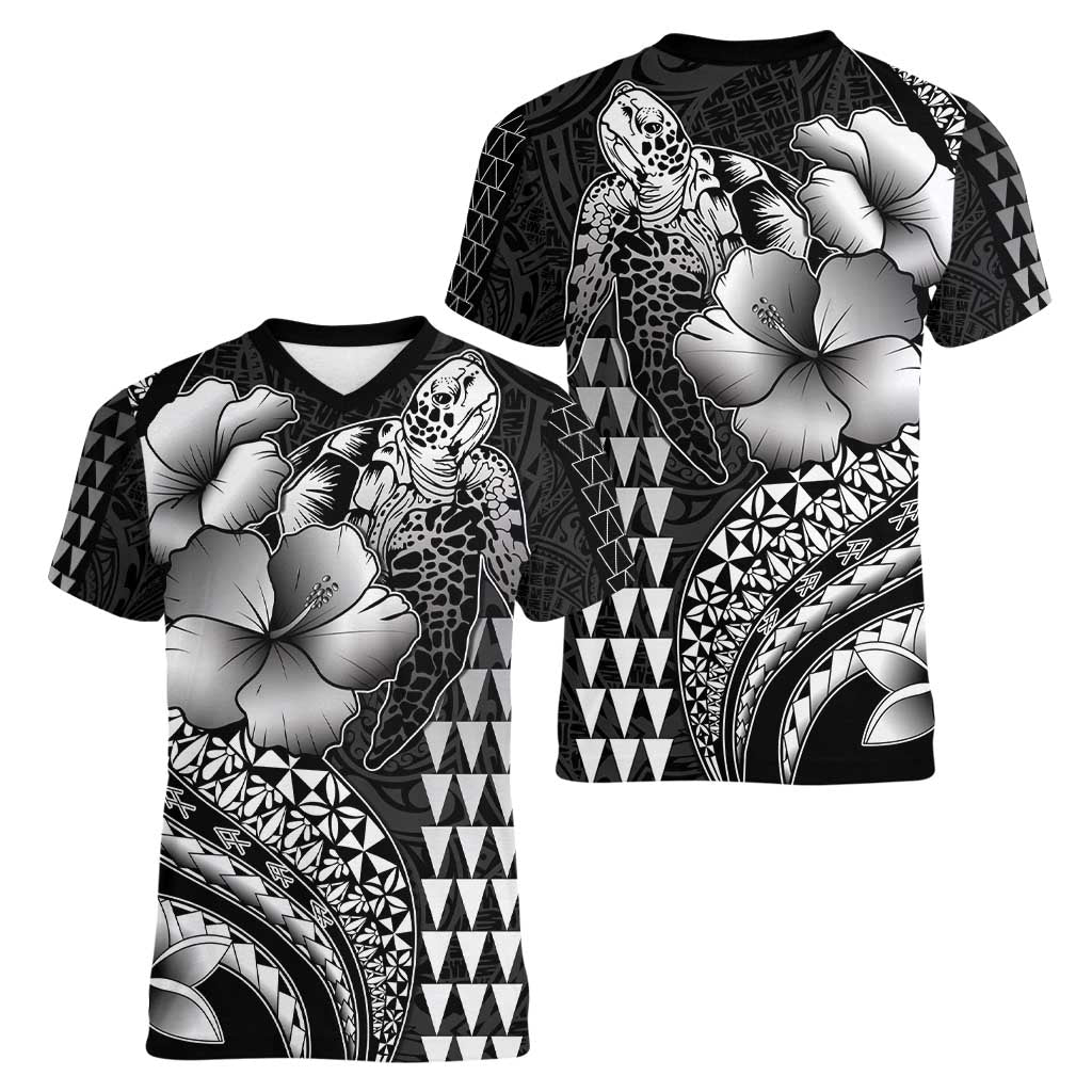 Hawaiian Sea Turtle Women V-Neck T-Shirt Black Hibiscus Flowers and Kakau Pattern LT9 - Polynesian Pride